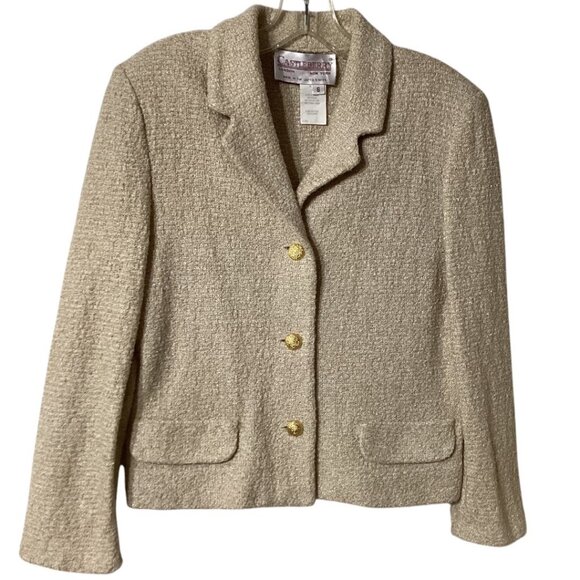Vintage Castleberry‎ Beige & Gold Metallic Textured Blazer Lady Jacket Size 6 - Picture 1 of 6